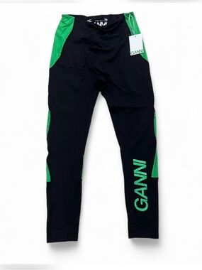 GANNI - Black Leggings with Green Accent Logo